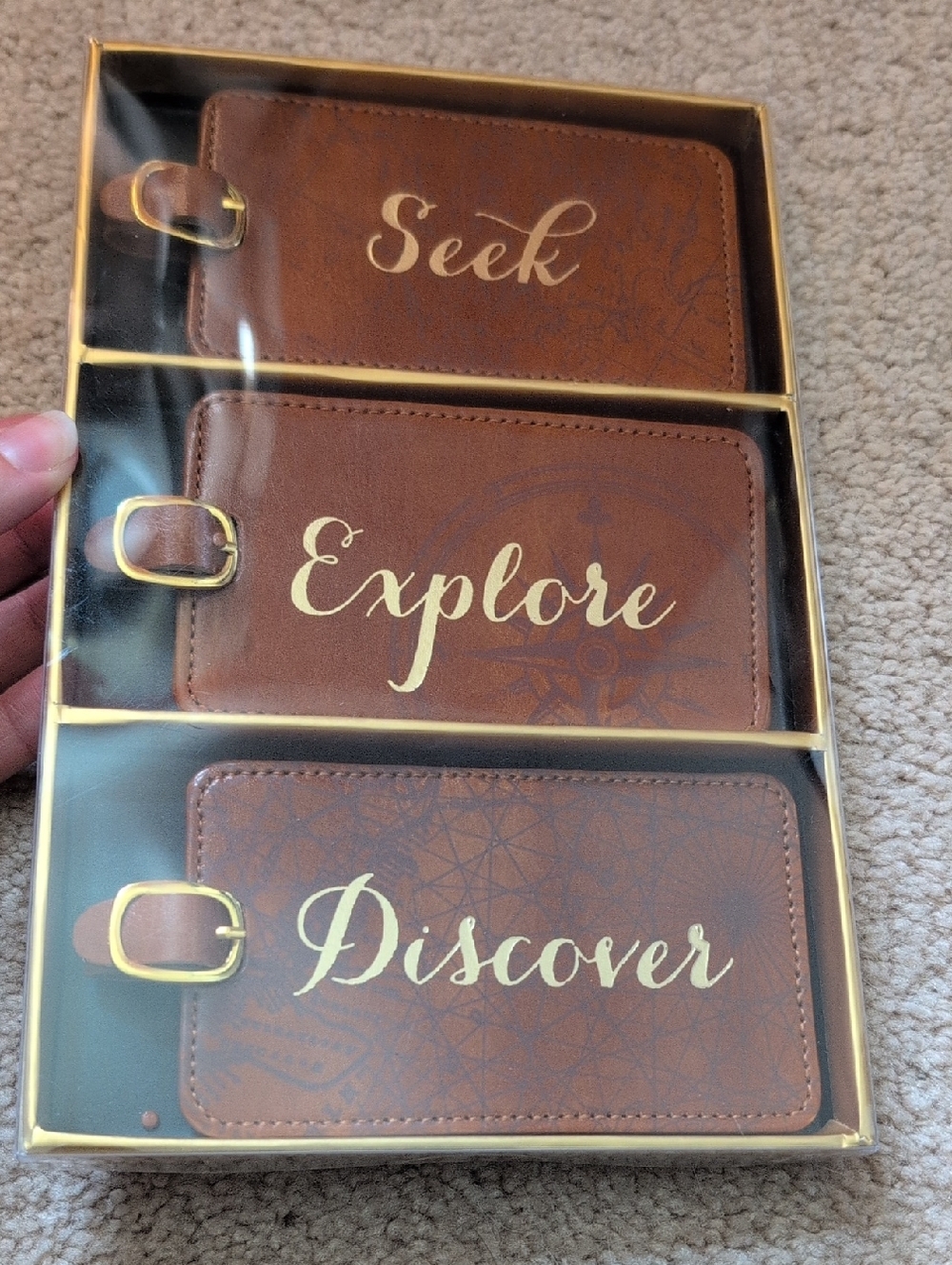 Travel Luggage Tags Set - Seek Explore Discover - Brown with Gold Script